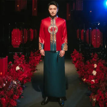2022 סינית מסורתית גברים אדום פאייטים רקמה Cheongsam אלגנטי מזרחי חתן, שמלת חתונה טאנג חליפות בגדים