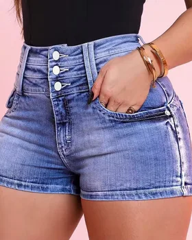 2023 הקיץ החדש של הנשים גבוהה המותניים כפתור חזק מזדמן מכנסי ג 'ינס קצרים אופנה רחוב ספורט כושר רב-כיס סלים ג' ינס קצרים.