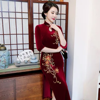 Cheongsam הסינית סגנון שמלה לנשים יד ארוכה חרוזים Cheongsam שמלת אמא של שמלת הכלה סוף גבוה שמלות סיני