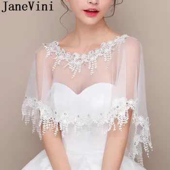 JaneVini חרוזים כלה עוטפת אפליקציות תחרה מעיל חתונה כלה טול לבן ערב משיכת בולרו נוביה מסיבת הקיץ גלימה וצעיף
