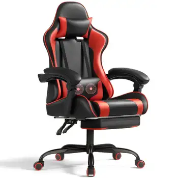 Lacoo עור PU המשחקים כיסא עיסוי ארגונומי גיימר הכיסא מתכוונן לגובה כיסא המחשב עם הדום & תמיכה המותני,אדום