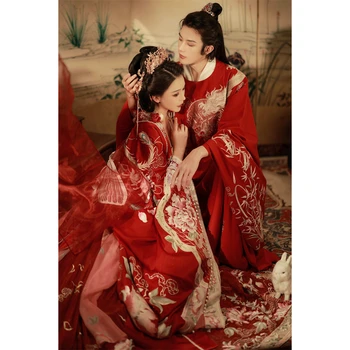 Qinghuanji המקורי Hanfu הדרקון רקמה שמלת החתונה תעשייה כבדה שושלת סונג הצוות הצוואר בצווארון הגלימה של גברים האדום תחפושות