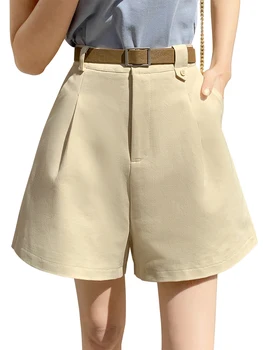 QOERLIN עם חגורה גבוהה המותניים נשים מכנסיים קצרים רחב הרגל בקיץ מכנסיים קצרים בנות קצרים חוף כיס מוצק לבן שחור תלבושות קוריאנית