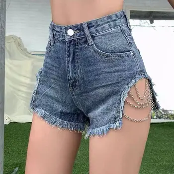 STSVZORR 2023 הקיץ של נשים מכנסי ג ' ינס קצרים Y2K שרשרת קצה גלם סקסי מותן נמוכה סופר מכנסיים קצרים