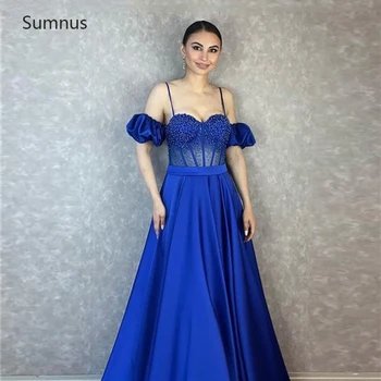 Sumnus כחול רויאל רצועות ספגטי שמלות נשף 2022 כתם נצנצים, חרוזים זמן אורך רצפת שמלות ערב גלימות דה לנשף