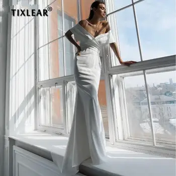 TIXLEAR סקסית V-צוואר מחשוף גב חוף בת ים שמלת חתונה לבן פשוט להוריד כתף סאטן בוהו שמלות כלה עבור החתונה