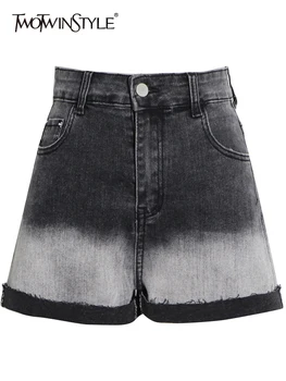 TWOTWINSTYLE אופנת רחוב גולמי שולי מכנסיים קצרים לנשים גבוהה המותניים ישר Colorblock המכנסיים נשיים הקיץ של בגדי אופנה חדש