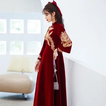 Yourqipao נשים בהריון טוסט בגדים סיניים החורף שמלת החתונה לידה Xiuhe בגדים בורגנדי זמן Cheongsams שמלות