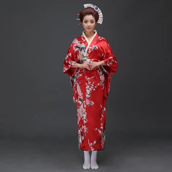 אדום משובח יפנית בקימונו אמבטיה שמלת נשים דמוית משי יאקאטה עם אובי ביצועים שמלת ריקוד Cosplay בגדים H0029