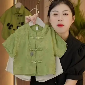 אופנה סאטן ירוק אקארד קצר חולצה עם שרוולים קצרים טאנג חליפה בנים ילדים 2023 קיץ מזדמן יום הולדת בגדים קונג פו