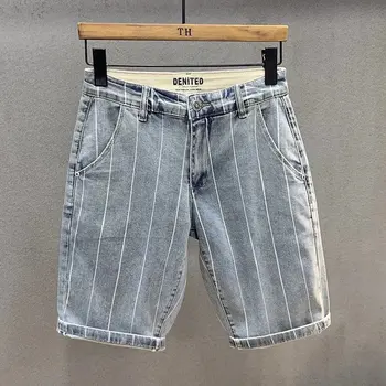 איכות גבוהה למתוח פסים קצרים הגירסה הקוריאנית של הגברים קיץ דקים מכנסיים קצרים מזדמנים נסיעות מגמה מעצב חמש נקודה מכנסי ג ' ינס קצרים
