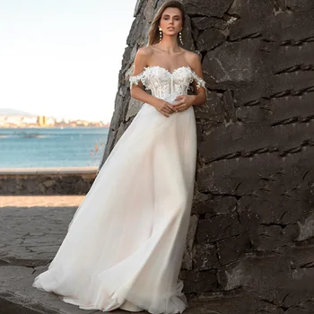 אלגנטי, סקסי מחוץ כתף חוף שמלת החתונה 2021 3D פרחים קו מתוקה אפליקציות תחרה שמלת כלה Vestidos דה נוביה