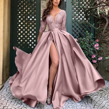 אלגנטי שמלות לאישה ערב רשמי שמלה צד שסף סאטן עם תחרה רכבת לטאטא חוף שמלת נשף צוואר V Vestido De Noche