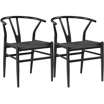 אמצע המאה מתכת לארוג האוכל כיסא בצורת Y משענת הגב, 2PCS, שחור מלא