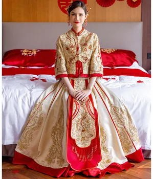 בציר חרוזים רקמה סינית מסורתית כמה חליפת חתונה Cheongsam אלגנטי הכלה צ ' יפאו השמלה китайская одежда
