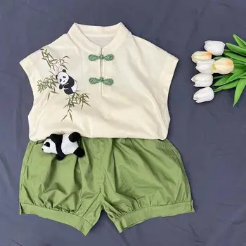 הקיץ Kawaii פנדה מודפס אפוד ללא שרוולים ירוקים מכנסי חליפה מודרנית בסגנון סיני טאנג חליפת תינוק קונג פו טאי-צ ' י אחיד