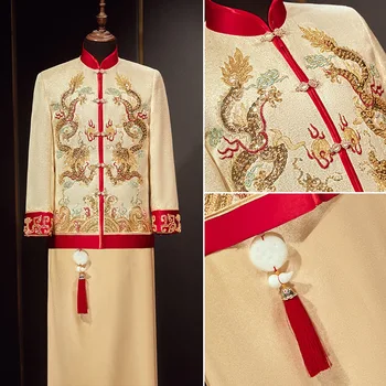 הרכש החדש זכר בסגנון סיני תלבושות החתן לבוש מעיל ארוך שמלה הסינית מסורתית לחתונה צ ' יפאו עבור גברים