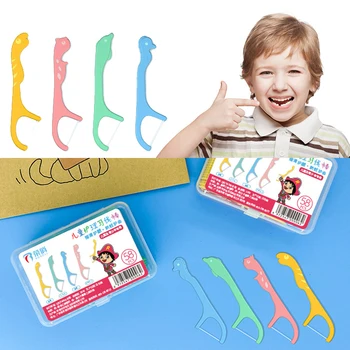 חד פעמי שיניים 58Pcs לילדים חוט דנטלי ארבע מצוירת צורה קיסמי שיניים לילדים בטיחות מכולה בין-שיני גבשושיות מברשת שיניים נקיות
