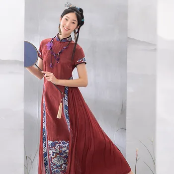 חיים משמאל נשים Gambiered גואנגדונג גזה שיפור Cheongsam צווארון עומד אבזם מסורתי רקמה חצאית משי