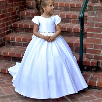 לבן פרח שמלת ילדה עם רכבת ארוכות בנות נסיכת מסיבת חתונה שמלת ילדת יום ההולדת שמלות ילדה אופנה וינטאג', שמלות