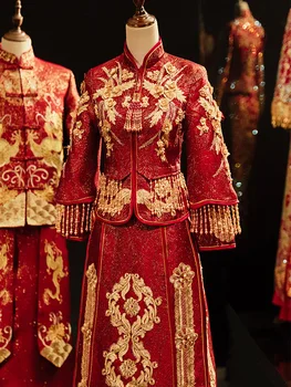 מסורתי-High-end סיני זוגות דרקון ופניקס שמלות סיני החתונה החתונה טוסט בגדים סלים, חגיגי ושלווה