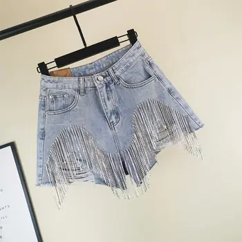 נשים אופנה בגדי הקיץ קרע ג 'ינס קצר נשית גבוהה המותניים יהלום ציצית Y2k מזדמן תחתיות לנשים מכנסי ג' ינס קצרים