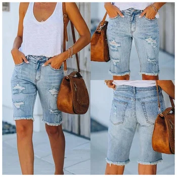 נשים קיץ ישר מכנסי ג 'ינס קצרים קרועים חור ג' ינס מכנסיים קצרים בנות מוצק סקיני מכנסיים קצרים