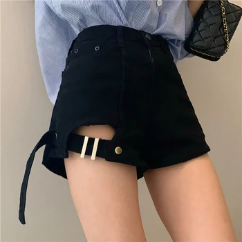 נשים קיץ סקסי שחור גבוהה המותניים לא סדיר מכנסיים קצרים חדשים חור החוצה 2021 קיץ מכנסי ג 'ינס קצרים נשי רזה רזה בציר קצר ג' ינס