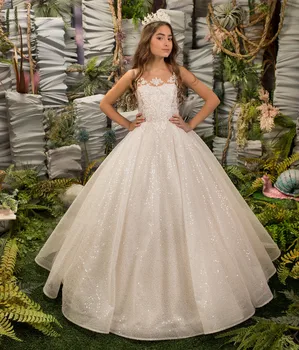 פרח שמלת ילדה לבן ורך טול נצנצים אפליקציה ניצוץ חתונה אלגנטית פרח של ילד לחם קודש שמלת מסיבת יום הולדת