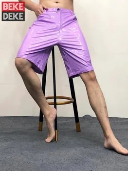 קיץ גברים מבריק בהיר עור Pu הבמה להראות מכנסיים קצרים סקסיים Clubwear מזדמן באורך הברך עור מלאכותי ישר מכנסיים קצרים בתוספת גודל 6XL